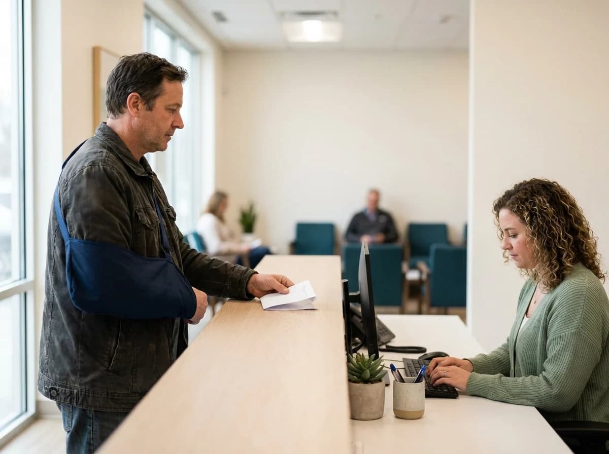 Injured worker at a clinic front desk