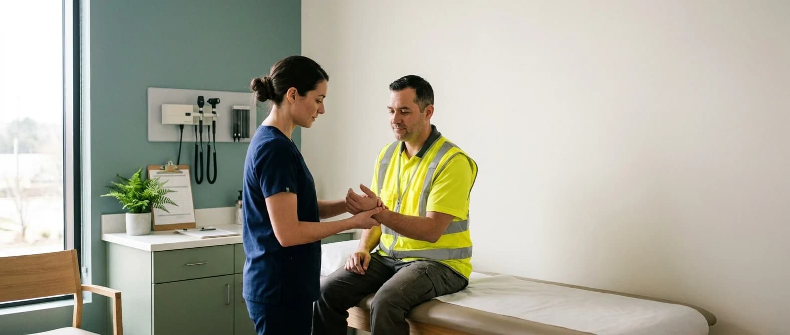 Physician checking a warehouse worker's wrist